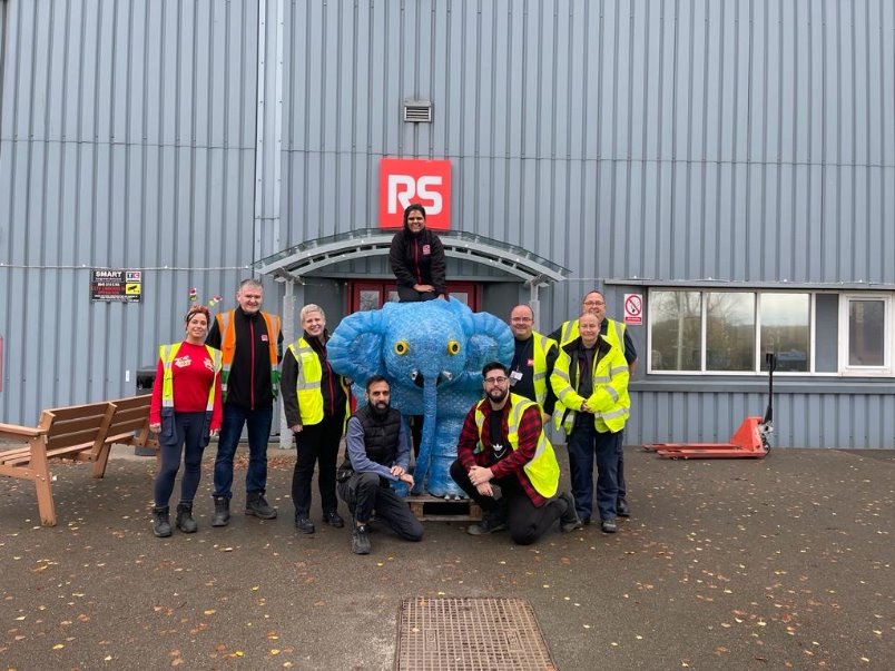 RS Group's Nuneaton distribution center staff with the elephant made from plastic removed from their supply chain